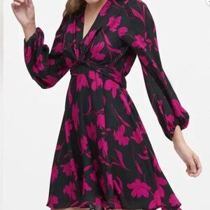 Banana Republic Black & Fuchsia Pink Flowered Puff Long Sleeve Dress Size 8